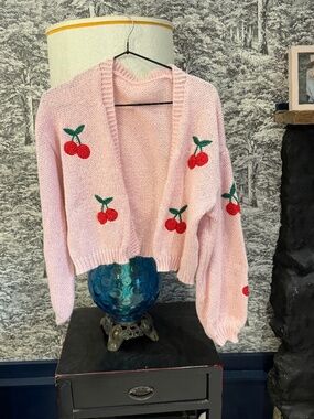 SHEIN Pink Cherry Embroidered Open Cardigan Sweater Sz M